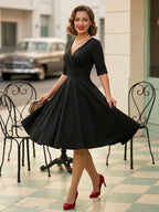 Vintage 1950s Swing Cocktail Dress for Women - V Neck Short Sleeve A-Line Ruched Bust Rockabilly Midi Gown - Wedding Guest 2026