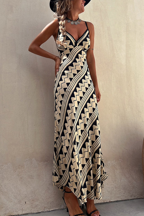 Geometric Zigzag Print Spaghetti Strap Deep V-Neck Maxi Dress