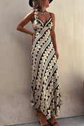 Geometric Zigzag Print Spaghetti Strap Deep V-Neck Maxi Dress