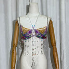 Halter beaded contrast hollow out cut out top  | Festival Outfits Women