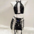 Metal chain zip-up skull applique hollow out mini skirt set  | Festival Outfits Women
