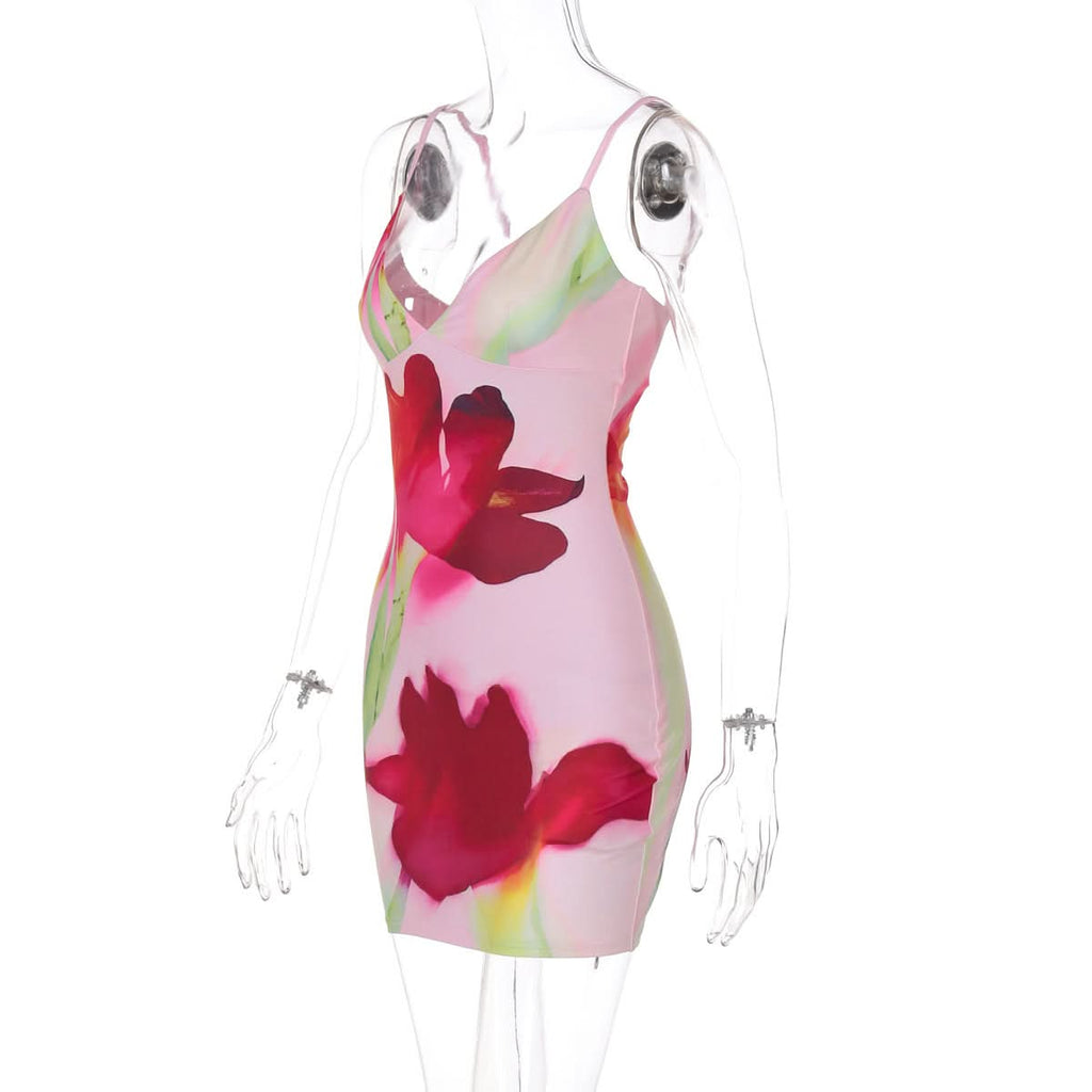 Deep v neck flower print cami mini dress  | Festival Outfits Women
