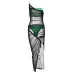 Drawstring mesh one shoulder 3 piece tube short pant set  | Festival Outfits Women