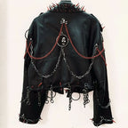 Long sleeve zip-up PU leather metal chain o ring top  | Festival Outfits Women