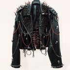 Long sleeve zip-up PU leather metal chain o ring top  | Festival Outfits Women