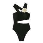 Irregular flower applique hollow out one piece swimwear