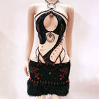 Halter hollow out beaded sweetheart applique mini skirt set  | Festival Outfits Women