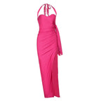 Halter self tie ruched v neck slit maxi dress  | Festival Outfits Women