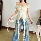 Off shoulder ruffle solid ruched cami top  | Festival Outfits Women