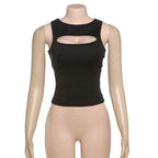 Crewneck hollow out metal chain solid cut out top  | Festival Outfits Women