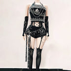 Halter hollow out metal chain rivet applique pant set  | Festival Outfits Women