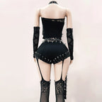 Halter hollow out metal chain rivet applique pant set  | Festival Outfits Women