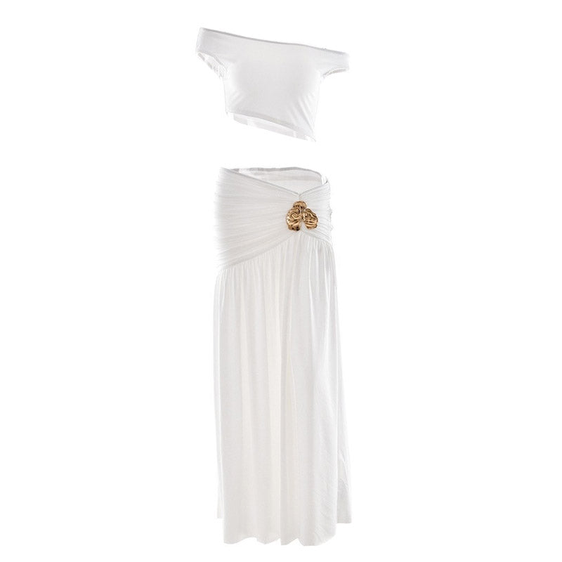 Ruched high slit irregular solid maxi skirt set  | Festival Outfits Women
