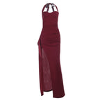 Halter high slit ruched solid maxi dress  | Festival Outfits Women