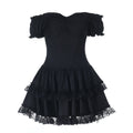 Lace hem off shoulder smocked ruched mini dress  | Festival Outfits Women