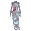 High neck long sleeve mesh print maxi dress  | Festival Outfits Women