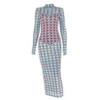 High neck long sleeve mesh print maxi dress  | Festival Outfits Women