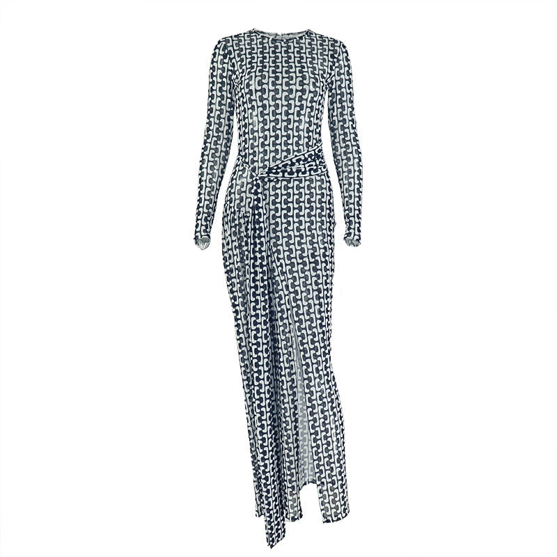 Long sleeve crewneck slit mesh maxi dress  | Festival Outfits Women