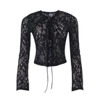 Long sleeve lace self tie solid crewneck top  | Festival Outfits Women