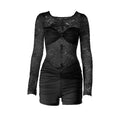 Lace long sleeve round neck ruched zip-up romper  | Festival Outfits Women