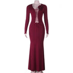 Long sleeve flower applique self tie solid maxi dress  | Festival Outfits Women