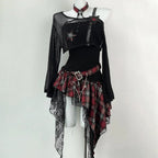 Long sleeve irregular plaid ruffle 2 piece mini dress  | Festival Outfits Women