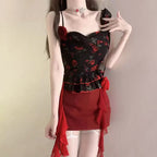 Cowl neck flower applique print ruched cami mini skirt set  | Festival Outfits Women