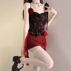 Cowl neck flower applique print ruched cami mini skirt set  | Festival Outfits Women