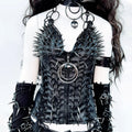 O ring zip-up rivet applique v neck PU leather top  | Festival Outfits Women