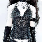 O ring zip-up rivet applique v neck PU leather top  | Festival Outfits Women