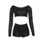 Long sleeve PU leather medium rise pant set  | Festival Outfits Women