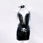 Halter rivet PU leather belt mini dress  | Festival Outfits Women