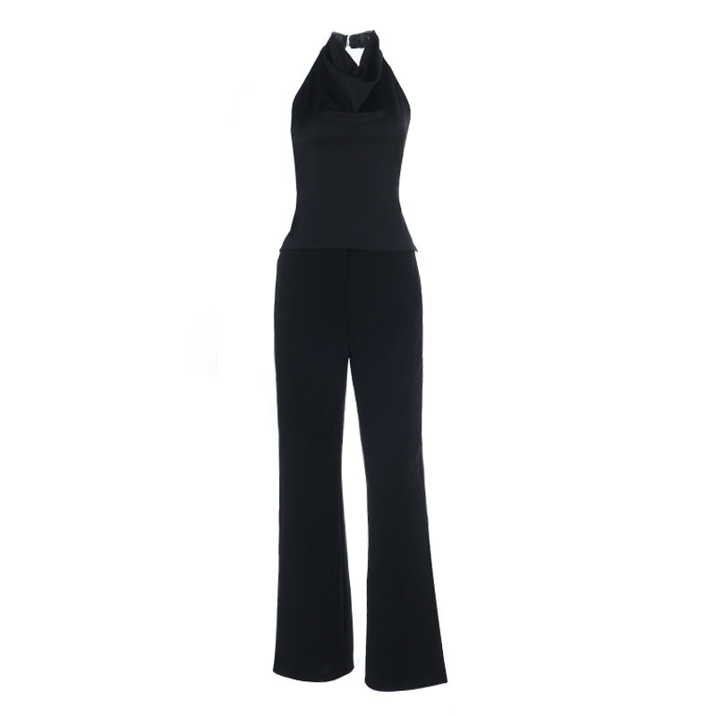 Halter backless solid button pant set  | Festival Outfits Women