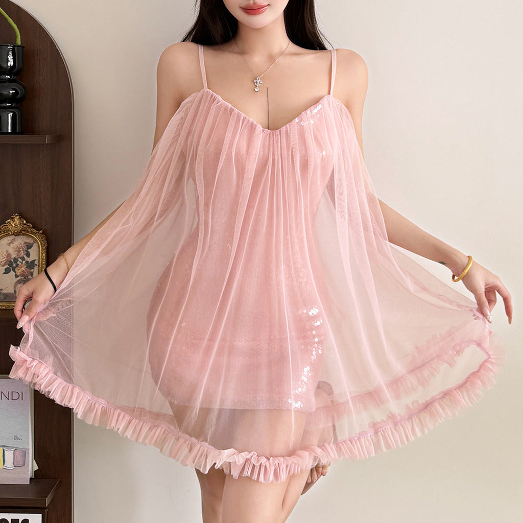 Glitter mesh v neck ruffle cami mini dress  | Festival Outfits Women