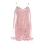 Glitter mesh v neck ruffle cami mini dress  | Festival Outfits Women