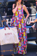 Stylish Color-blocked Plaid Print Sleeveless Round Neck Loose Maxi Dress