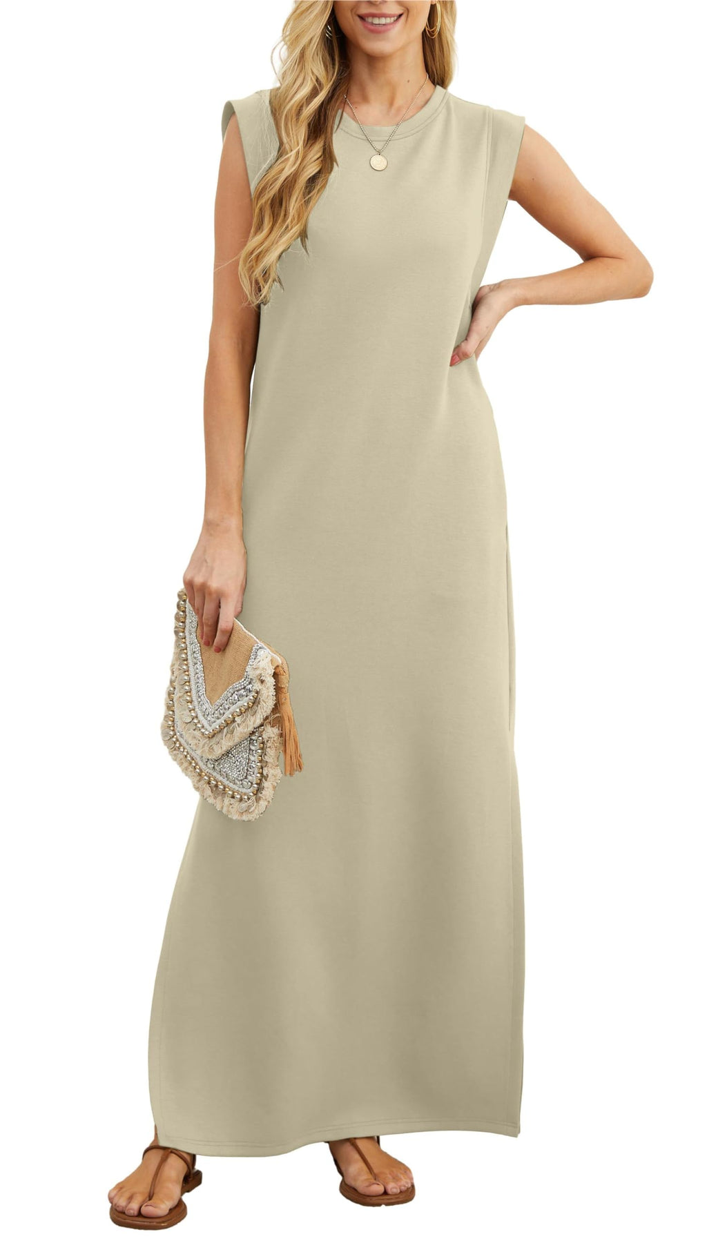 Padded Shoulder Crew Neck Ribbed Column Ankle Length Maxi Dress