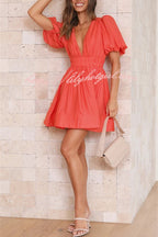 Deep V-Neck Puff Sleeve Smocked Waist Fit and Flare Mini Dress