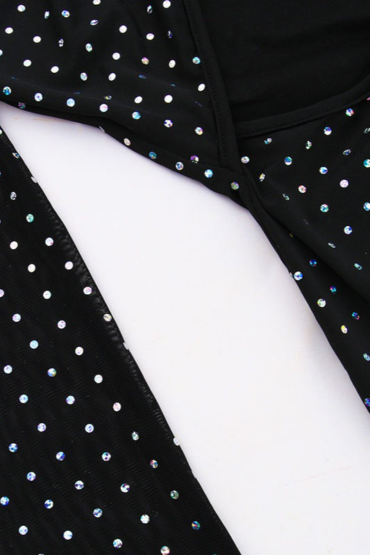 Rhinestone Long Sleeve Keyhole Tie Waist Cut Out Bodycon Maxi Dress