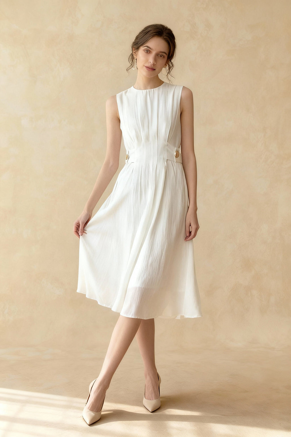 Pleated Crew Neck Sleeveless Button Tab Waist Fit and Flare Midi Dress
