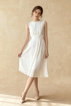 Pleated Crew Neck Sleeveless Button Tab Waist Fit and Flare Midi Dress