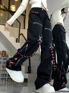 Contrast Color Ribbon Metal Decoration Cargo Jeans