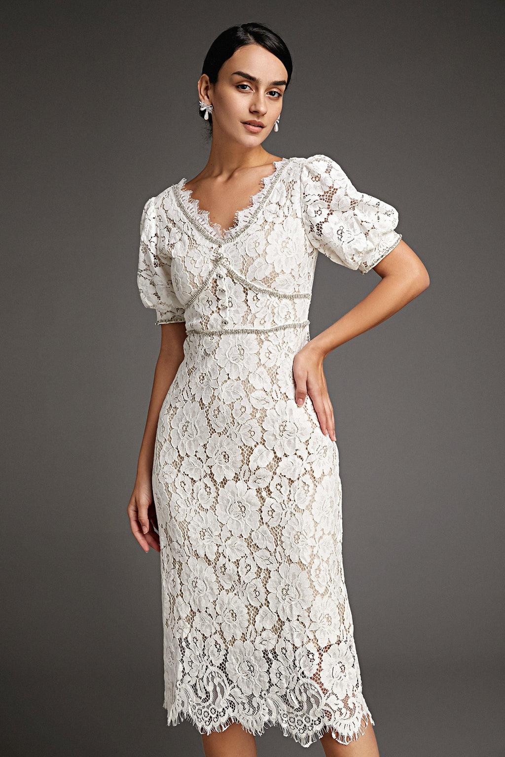 Lace Overlay Plunging V-Neck Rhinestone Trim Puff Sleeve Midi Dress