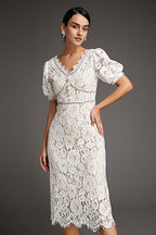 Lace Overlay Plunging V-Neck Rhinestone Trim Puff Sleeve Midi Dress
