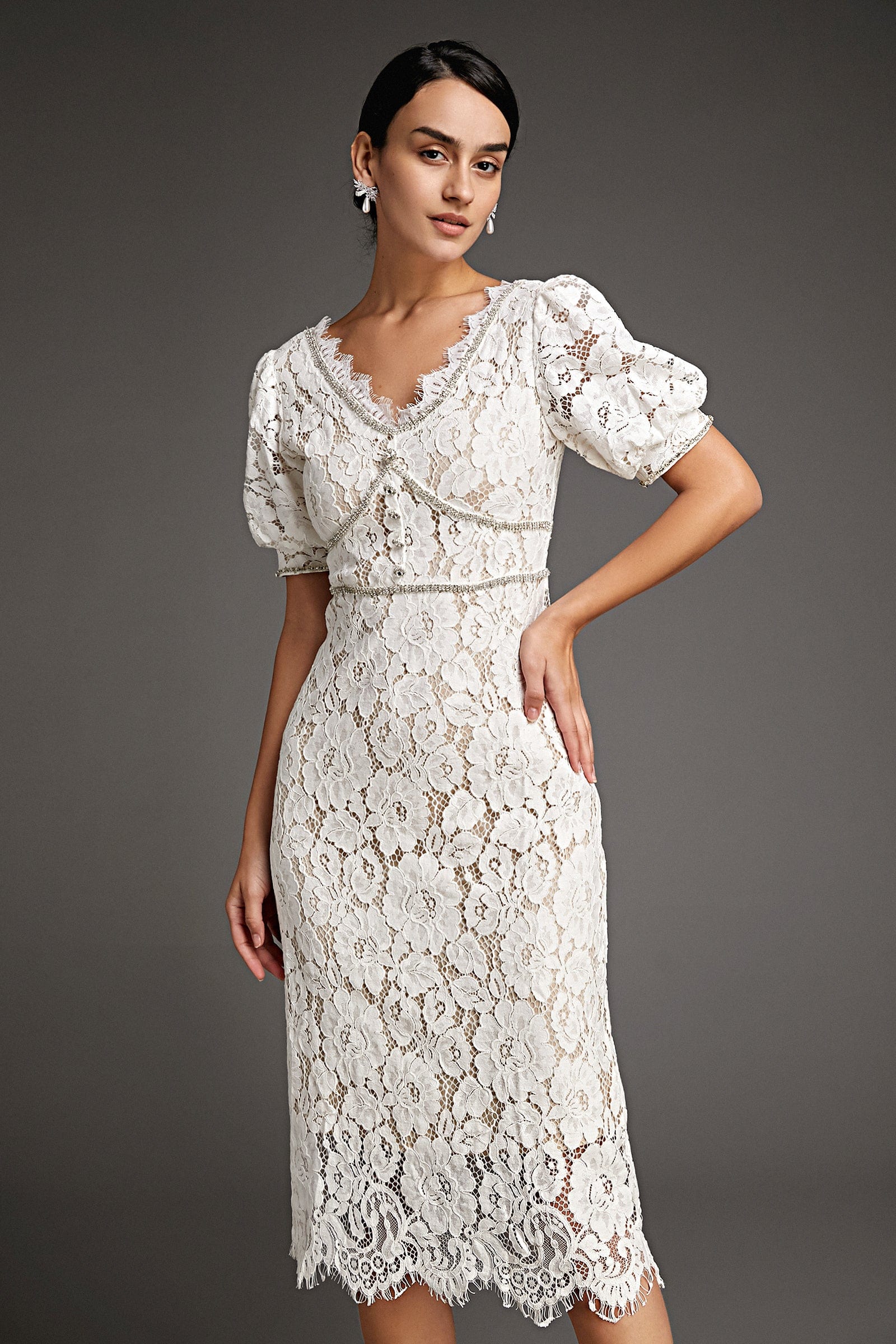 Lace Overlay Plunging V-Neck Rhinestone Trim Puff Sleeve Midi Dress