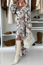 Unique Printed V-neck Long-sleeved Waist Tie Slit Maxi Dress