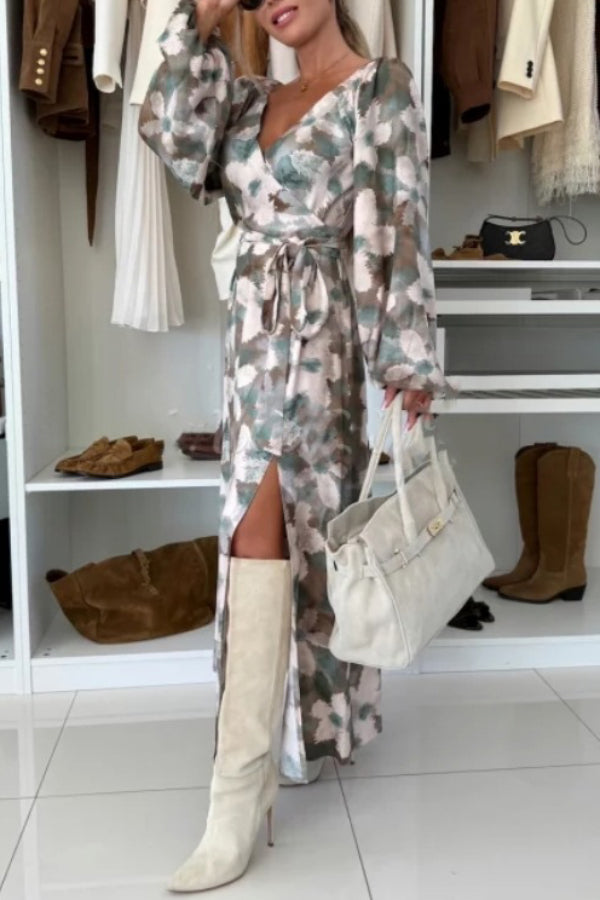 Unique Printed V-neck Long-sleeved Waist Tie Slit Maxi Dress