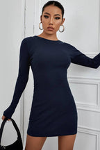 Bodycon Open Back Button Crew Neck Knit Sexy Sweater Dress