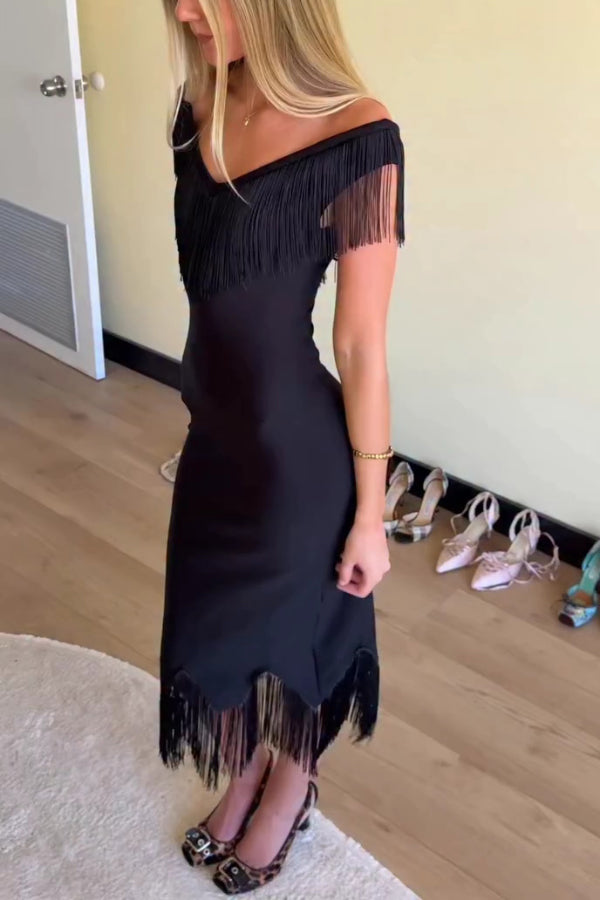 Solid Color V-neck Off-shoulder Slim-fit Tassel Midi Dress