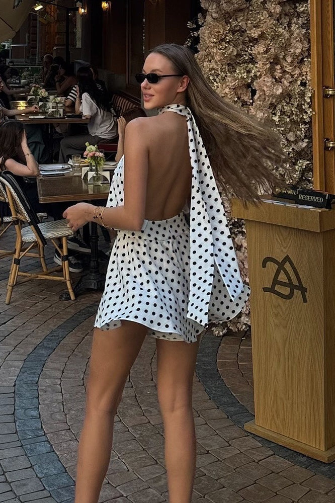 Polka Dot Halter Neck Backless Top and Mini Skirt Two Piece Set